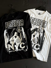 Load image into Gallery viewer, Black and white t-shirts with 'FOREIGNA' and 'NYC' design on hangers against a dark background.