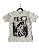画像をギャラリービューアに読み込む, Foreigna NYC White t-shirt with black graphic design on a dark surface
