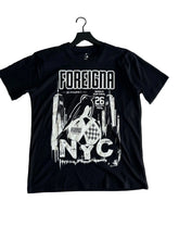 Load image into Gallery viewer, Foreigna NYC Black t-shirt with white graphic design on a dark surface