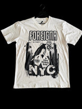 画像をギャラリービューアに読み込む, Foreigna NYC White t-shirt with black graphic design on a hanger against a black background