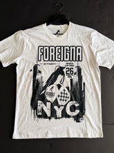 Load image into Gallery viewer, White t-shirt with black graphic design on a dark background
