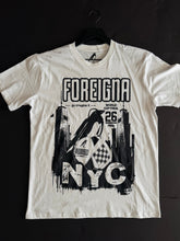 Load image into Gallery viewer, White t-shirt with black graphic design on a black background